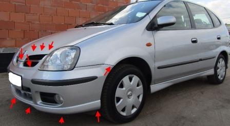 the attachment of the front bumper of the Nissan Almera Tino